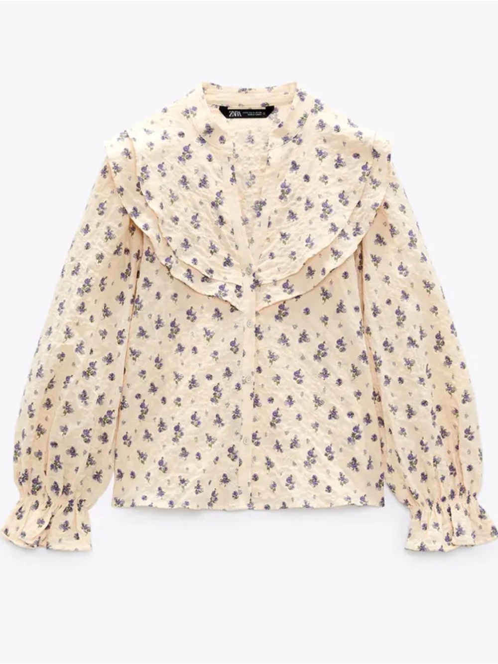 Zara Cream Blouse with Purple Floral Ruffles